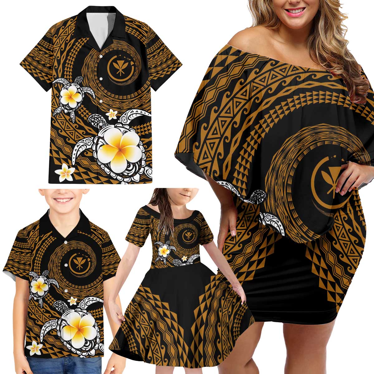Hawaiian Plumeria Turtle Tribal Spiral Polynesian Tattoo Family Matching Off Shoulder Short Dress and Hawaiian Shirt Gold Color LT03 - Polynesian Pride