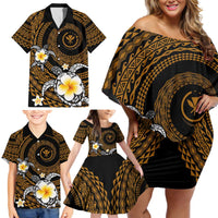 Hawaiian Plumeria Turtle Tribal Spiral Polynesian Tattoo Family Matching Off Shoulder Short Dress and Hawaiian Shirt Gold Color LT03 - Polynesian Pride