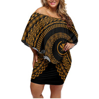 Hawaiian Plumeria Turtle Tribal Spiral Polynesian Tattoo Family Matching Off Shoulder Short Dress and Hawaiian Shirt Gold Color LT03 Mom's Dress Gold - Polynesian Pride