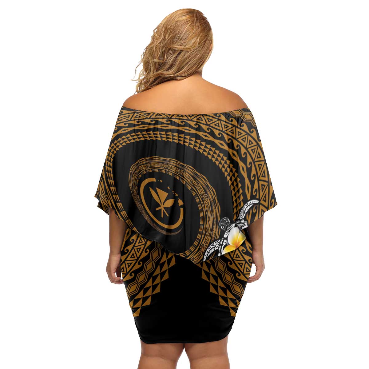 Hawaiian Plumeria Turtle Tribal Spiral Polynesian Tattoo Family Matching Off Shoulder Short Dress and Hawaiian Shirt Gold Color LT03 - Polynesian Pride