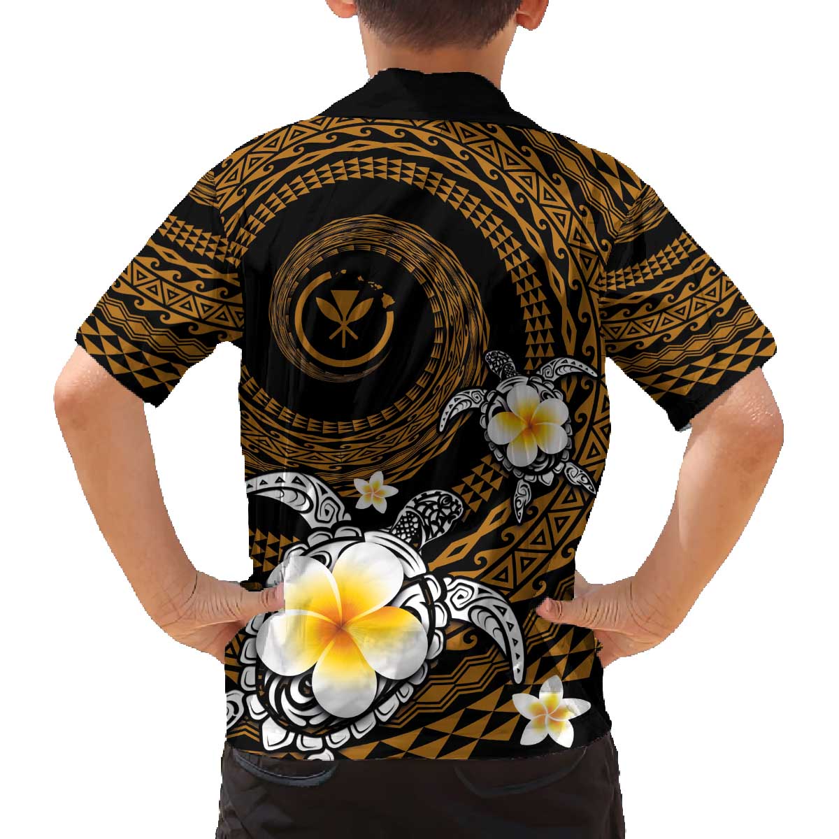 Hawaiian Plumeria Turtle Tribal Spiral Polynesian Tattoo Family Matching Puletasi and Hawaiian Shirt Gold Color LT03 - Polynesian Pride