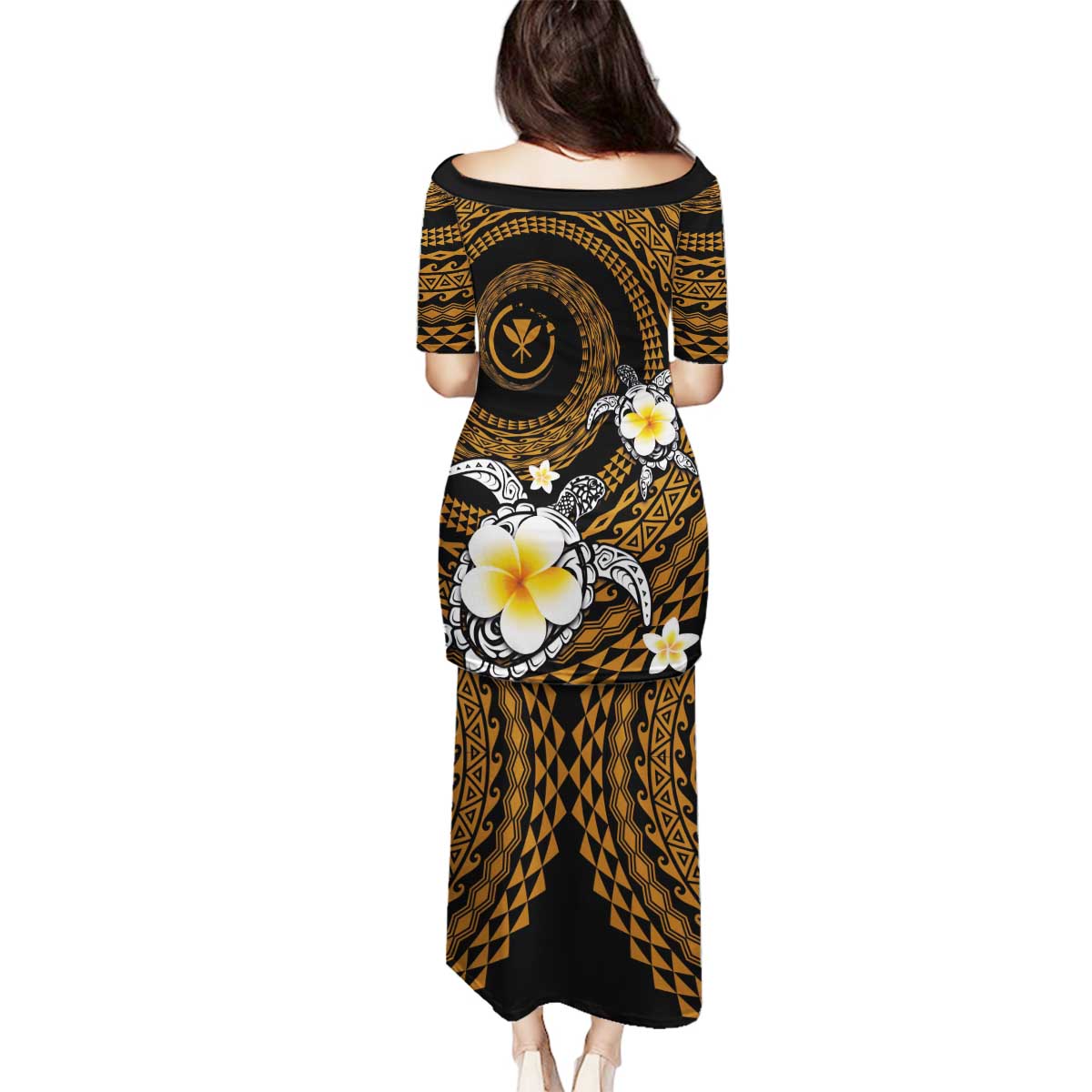 Hawaiian Plumeria Turtle Tribal Spiral Polynesian Tattoo Family Matching Puletasi and Hawaiian Shirt Gold Color LT03 - Polynesian Pride
