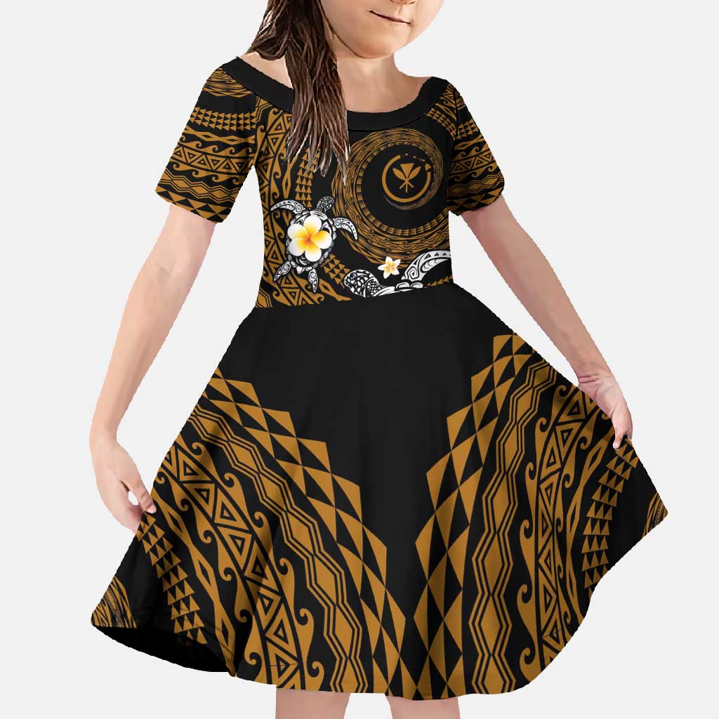 Hawaiian Plumeria Turtle Tribal Spiral Polynesian Tattoo Family Matching Short Sleeve Bodycon Dress and Hawaiian Shirt Gold Color LT03 Daughter's Dress Gold - Polynesian Pride