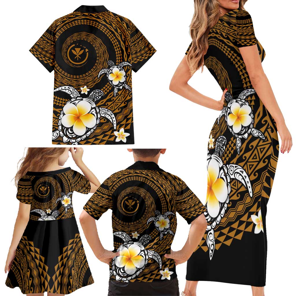 Hawaiian Plumeria Turtle Tribal Spiral Polynesian Tattoo Family Matching Short Sleeve Bodycon Dress and Hawaiian Shirt Gold Color LT03 - Polynesian Pride