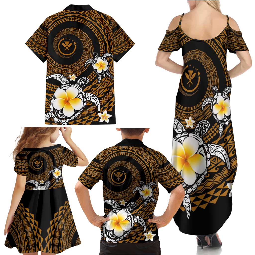 Hawaiian Plumeria Turtle Tribal Spiral Polynesian Tattoo Family Matching Summer Maxi Dress and Hawaiian Shirt Gold Color LT03 - Polynesian Pride