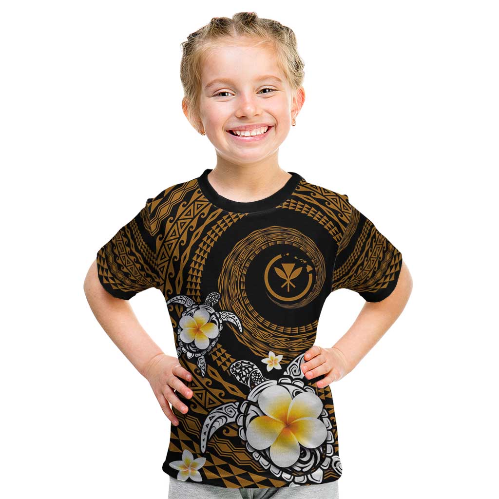 Hawaiian Plumeria Turtle Tribal Spiral Polynesian Tattoo Kid T Shirt Gold Color