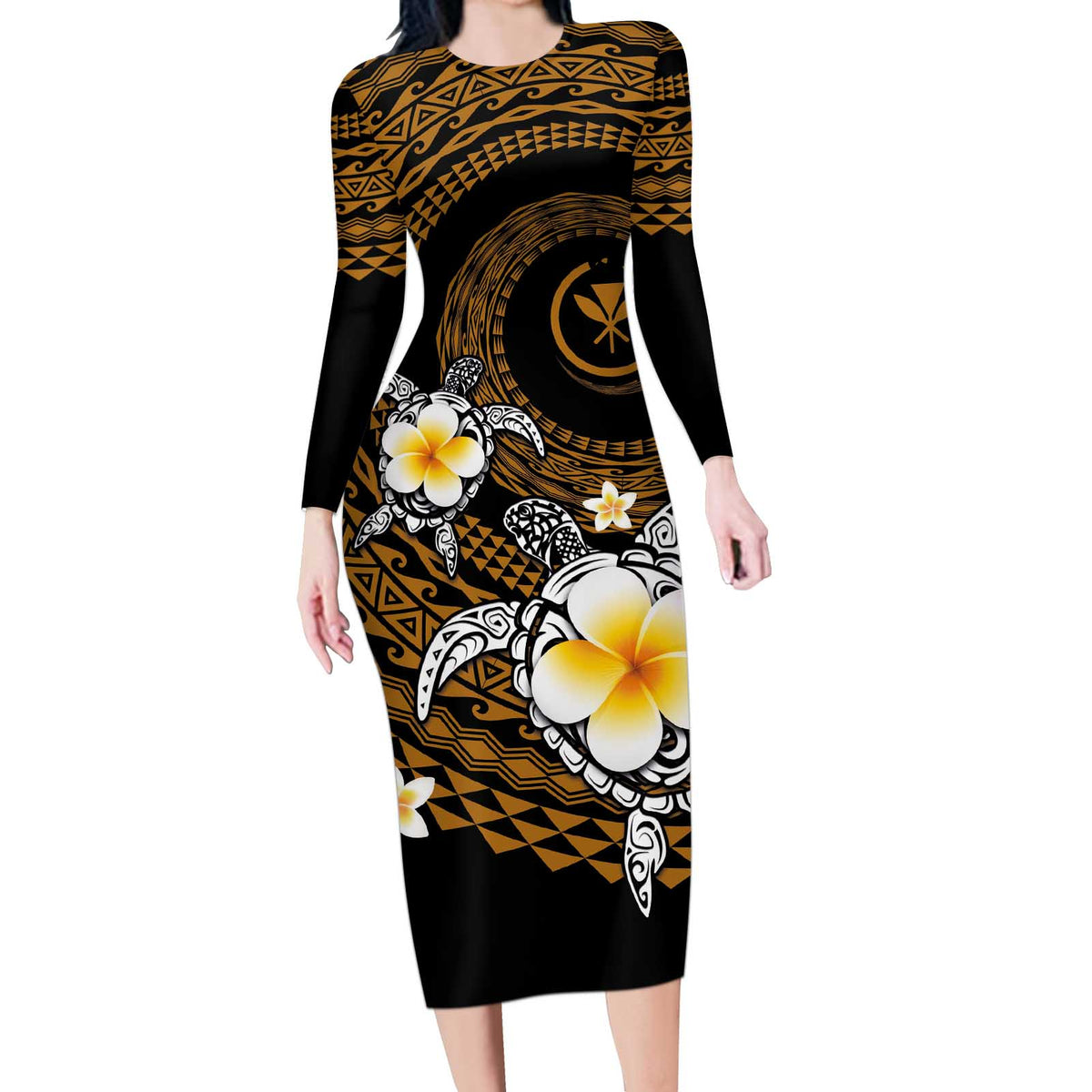 Hawaiian Plumeria Turtle Tribal Spiral Polynesian Tattoo Long Sleeve Bodycon Dress Gold Color LT03 Long Dress Gold - Polynesian Pride