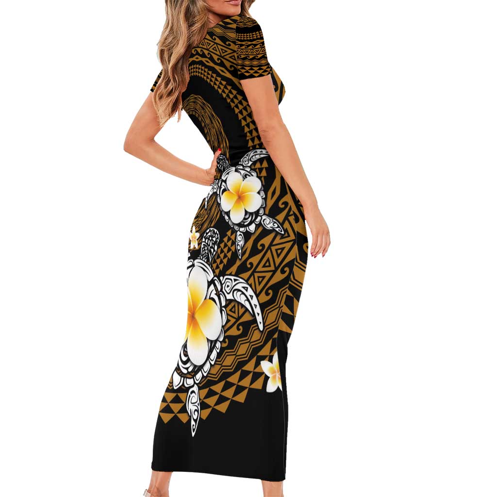 Hawaiian Plumeria Turtle Tribal Spiral Polynesian Tattoo Short Sleeve Bodycon Dress Gold Color LT03 - Polynesian Pride
