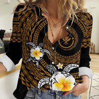 Hawaiian Plumeria Turtle Tribal Spiral Polynesian Tattoo Women Casual Shirt Gold Color LT03 Female Gold - Polynesian Pride