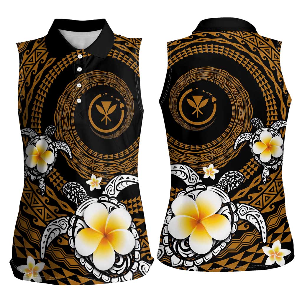 Hawaiian Plumeria Turtle Tribal Spiral Polynesian Tattoo Women Sleeveless Polo Shirt Gold Color