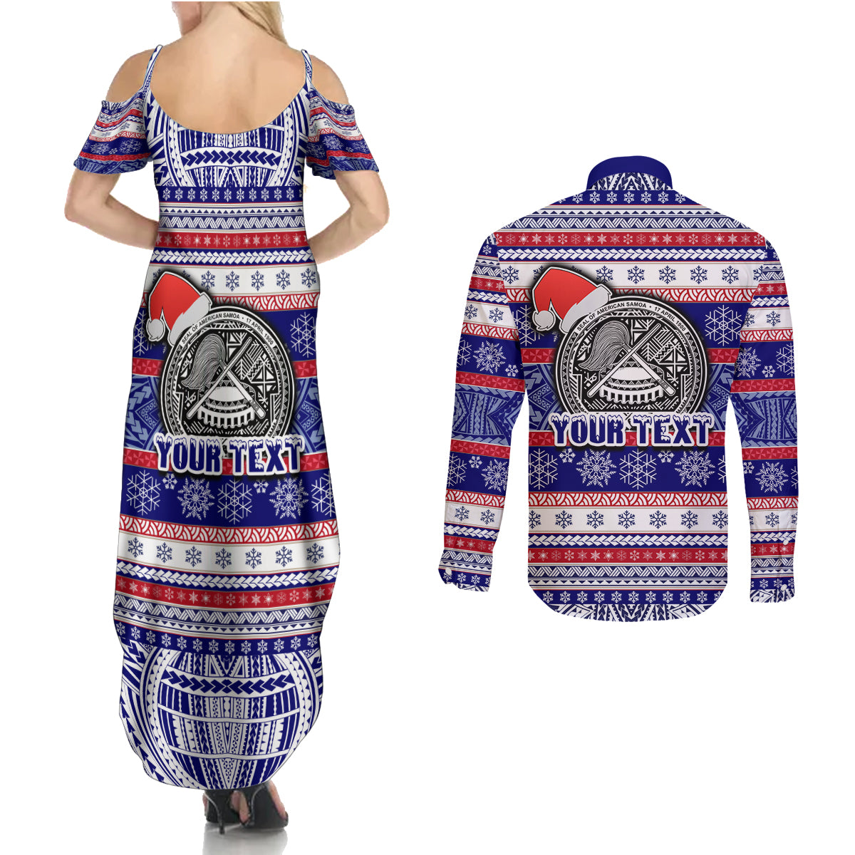 Custom American Samoa Christmas Couples Matching Summer Maxi Dress and Long Sleeve Button Shirts Samoan Coat of Arms and Cool Santa Ornament Style LT03 - Polynesian Pride