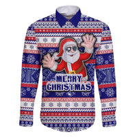 Custom American Samoa Christmas Family Matching Summer Maxi Dress and Hawaiian Shirt Samoan Coat of Arms and Cool Santa Ornament Style LT03 Dad's Shirt - Long Sleeve Blue - Polynesian Pride