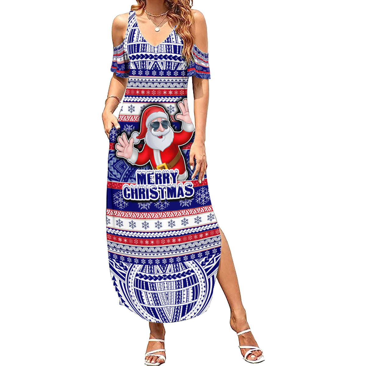 Custom American Samoa Christmas Family Matching Summer Maxi Dress and Hawaiian Shirt Samoan Coat of Arms and Cool Santa Ornament Style LT03 Mom's Dress Blue - Polynesian Pride