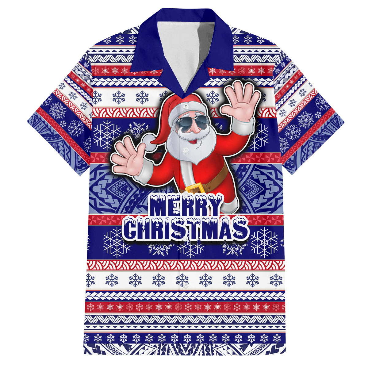 Custom American Samoa Christmas Family Matching Tank Maxi Dress and Hawaiian Shirt Samoan Coat of Arms and Cool Santa Ornament Style LT03 Dad's Shirt - Short Sleeve Blue - Polynesian Pride