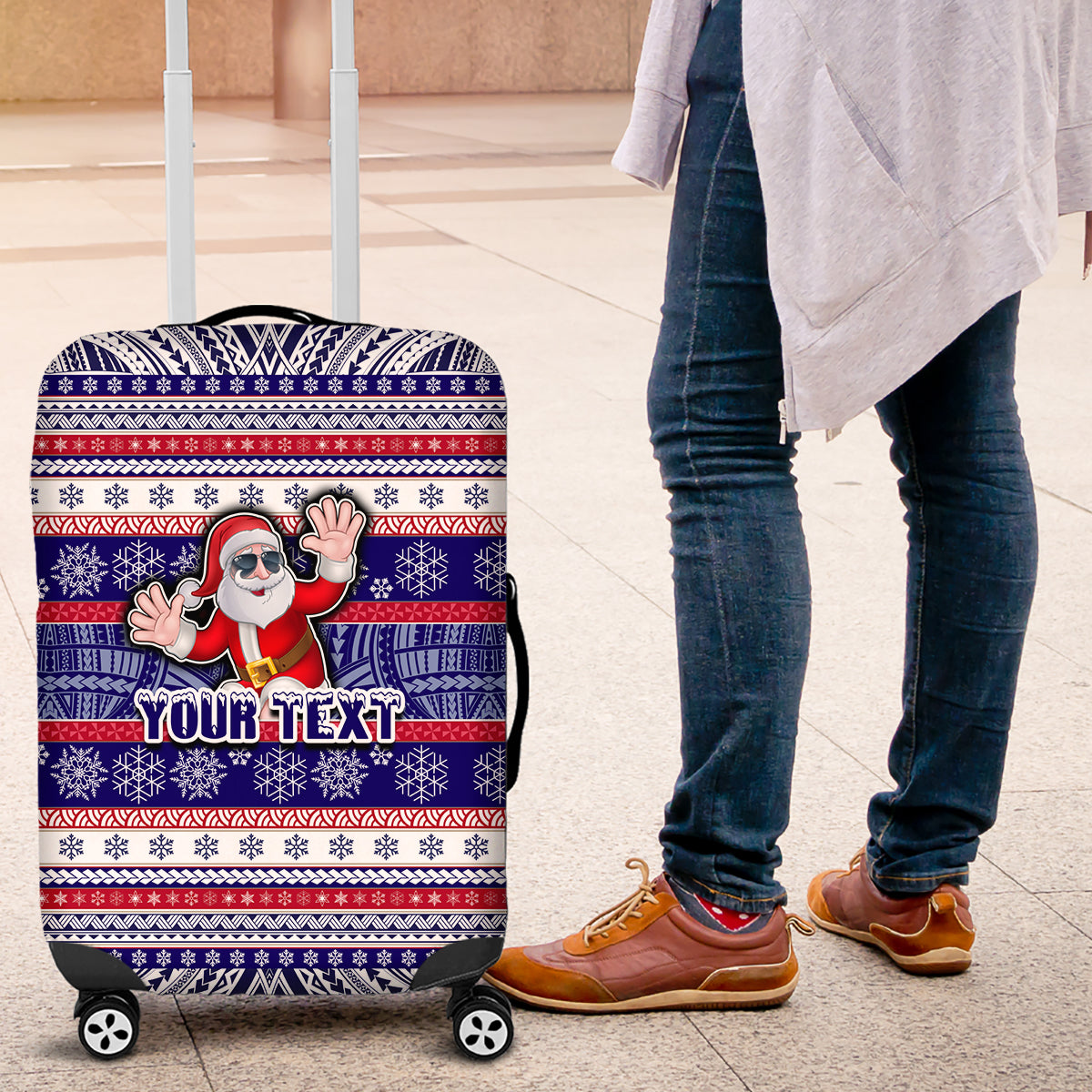 Custom American Samoa Christmas Luggage Cover Samoan Coat of Arms and Cool Santa Ornament Style LT03 Blue - Polynesian Pride