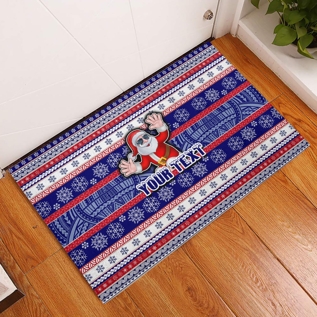 Custom American Samoa Christmas Rubber Doormat Samoan Coat of Arms and Cool Santa Ornament Style LT03 Blue - Polynesian Pride