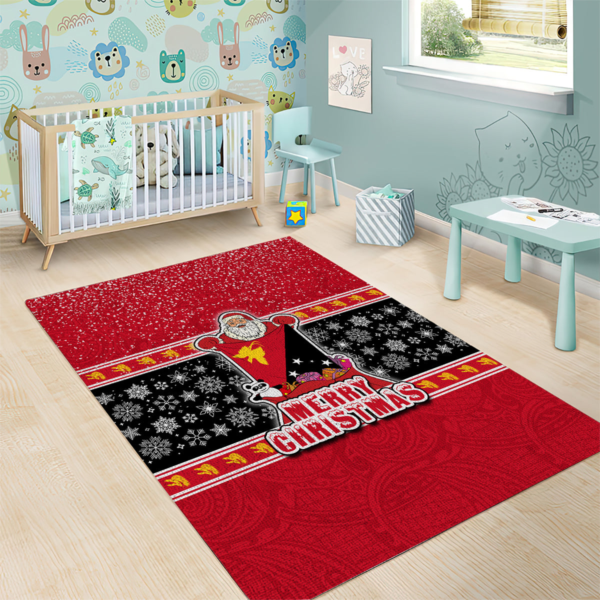 Papua New Guinea Christmas Area Rug Santa With Flag Of PNG Polynesian Tribal Xmas Vibe LT03 - Polynesian Pride