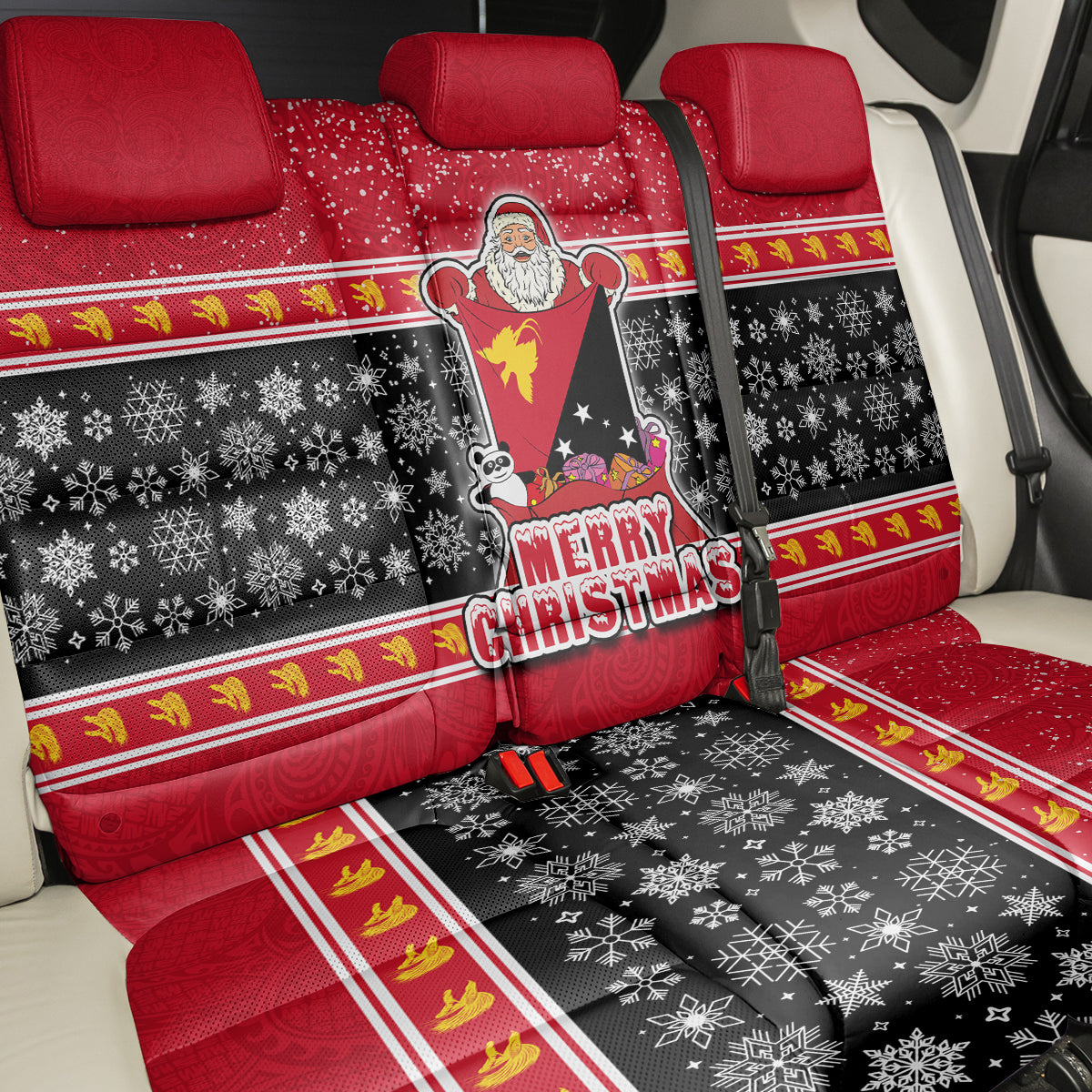 Papua New Guinea Christmas Back Car Seat Cover Santa With Flag Of PNG Polynesian Tribal Xmas Vibe LT03 - Polynesian Pride