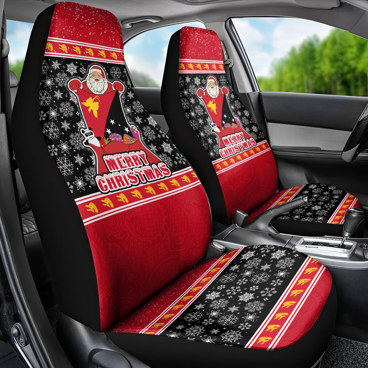 Papua New Guinea Christmas Car Seat Cover Santa With Flag Of PNG Polynesian Tribal Xmas Vibe LT03 - Polynesian Pride