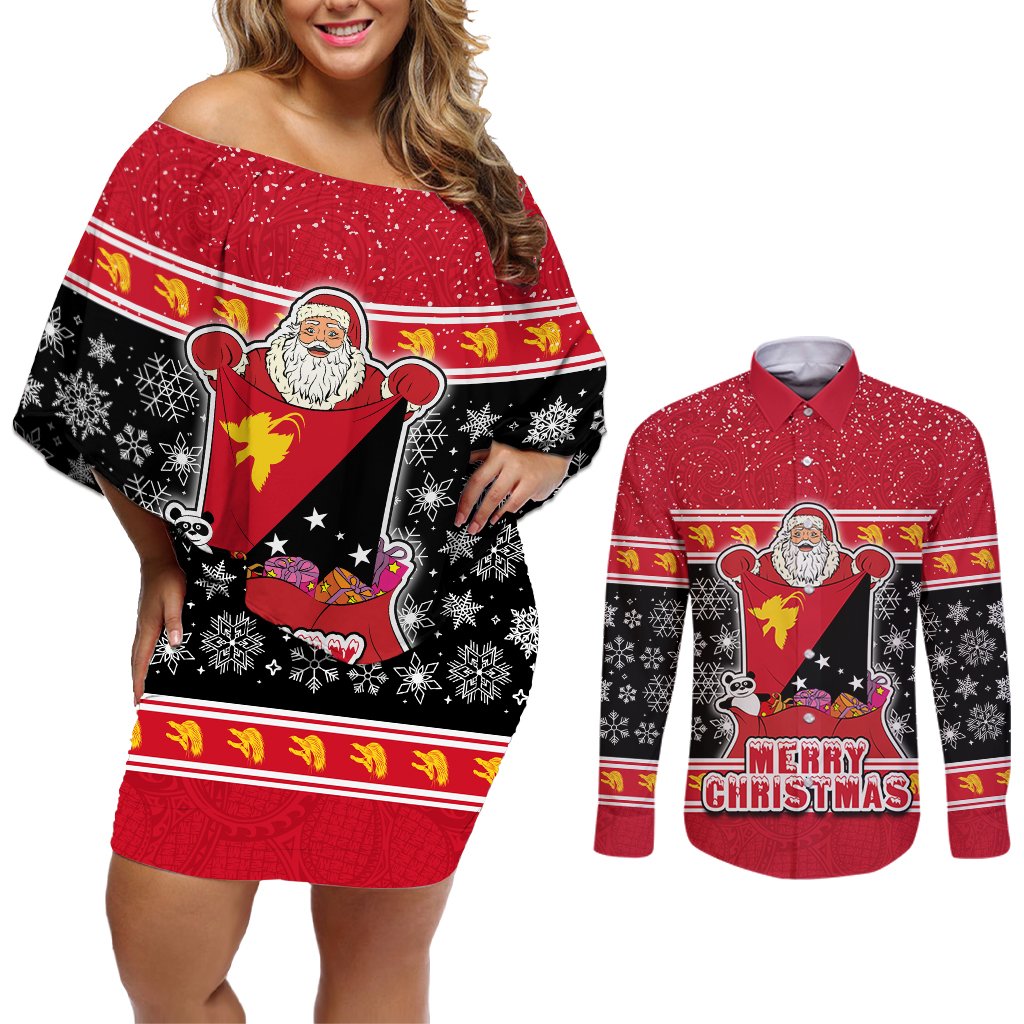 Papua New Guinea Christmas Couples Matching Off Shoulder Short Dress and Long Sleeve Button Shirts Santa With Flag Of PNG Polynesian Tribal Xmas Vibe LT03 Red - Polynesian Pride