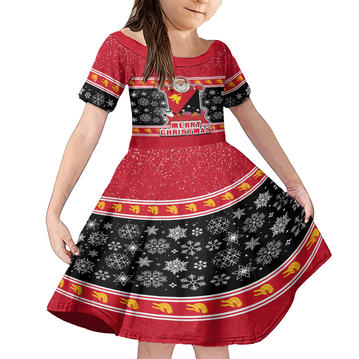 Papua New Guinea Christmas Family Matching Off Shoulder Long Sleeve Dress and Hawaiian Shirt Santa With Flag Of PNG Polynesian Tribal Xmas Vibe LT03 Daughter's Dress Red - Polynesian Pride