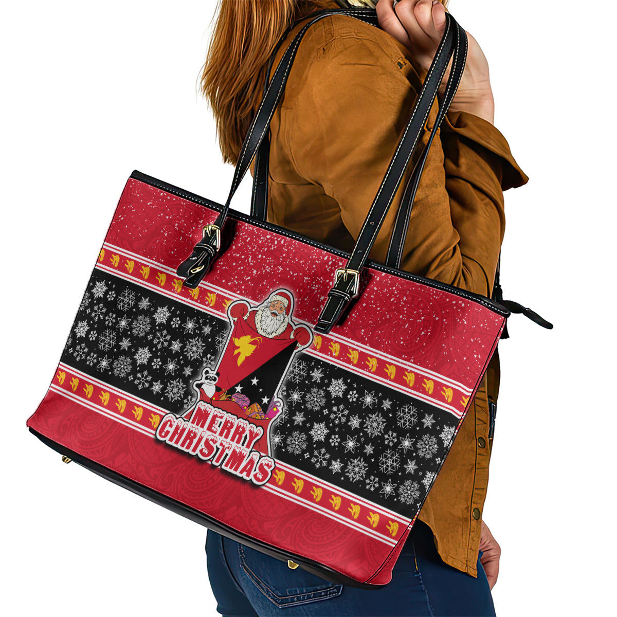 Papua New Guinea Christmas Leather Tote Bag Santa With Flag Of PNG Polynesian Tribal Xmas Vibe LT03 - Polynesian Pride