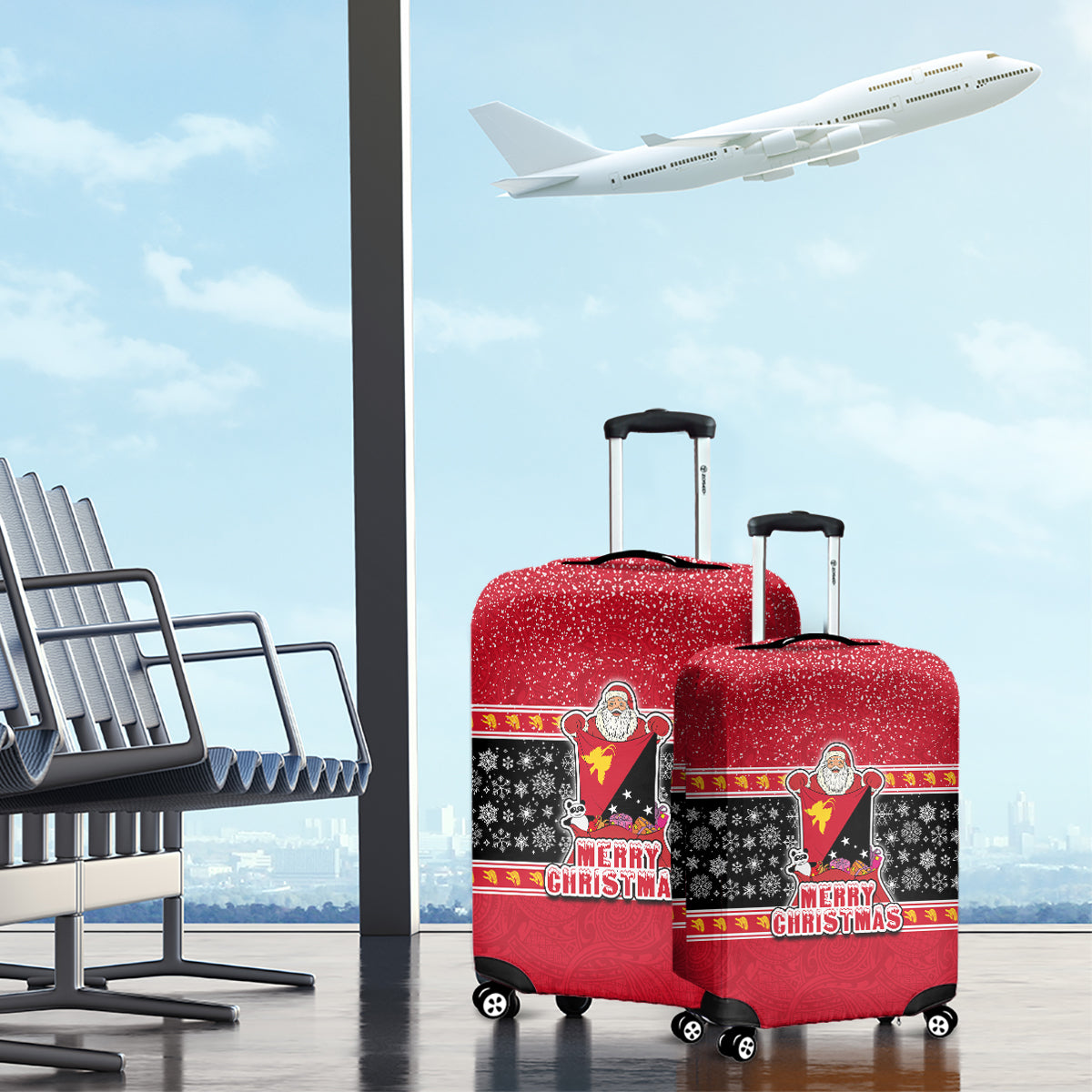 Papua New Guinea Christmas Luggage Cover Santa With Flag Of PNG Polynesian Tribal Xmas Vibe LT03 - Polynesian Pride