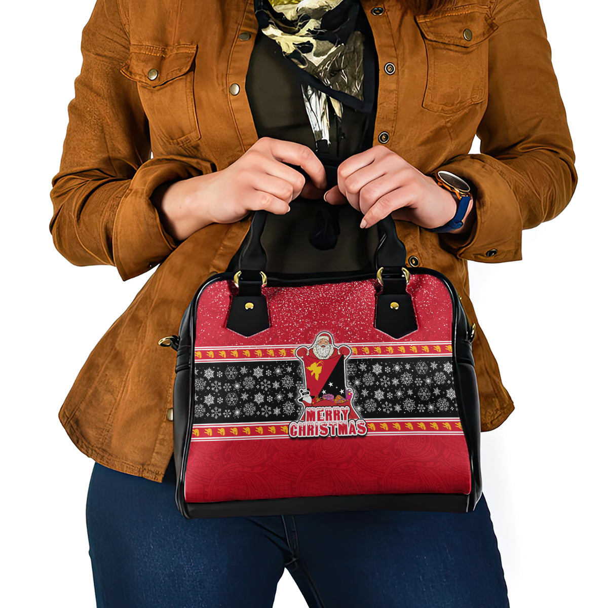Papua New Guinea Christmas Shoulder Handbag Santa With Flag Of PNG Polynesian Tribal Xmas Vibe LT03 - Polynesian Pride