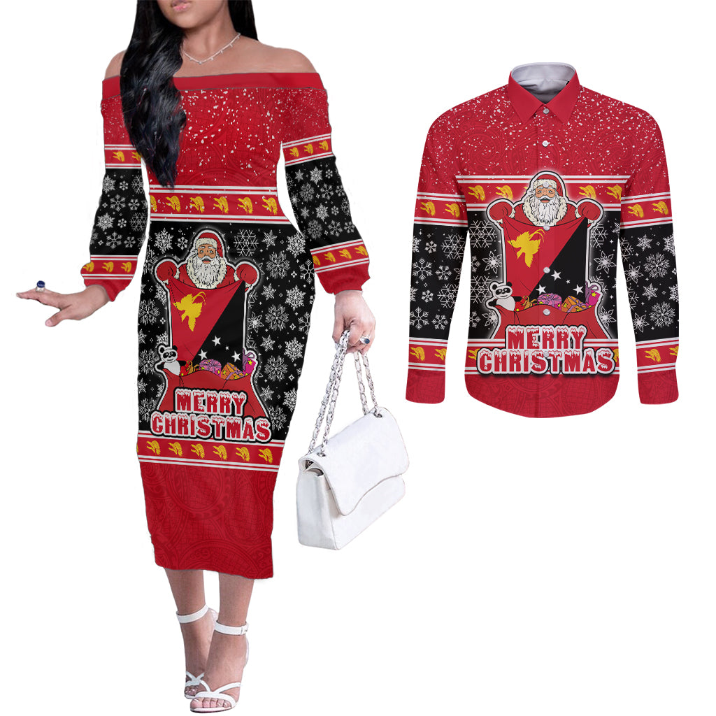 Custom Papua New Guinea Christmas Couples Matching Off The Shoulder Long Sleeve Dress and Long Sleeve Button Shirts Santa With Flag Of PNG Polynesian Tribal Xmas Vibe LT03 Red - Polynesian Pride