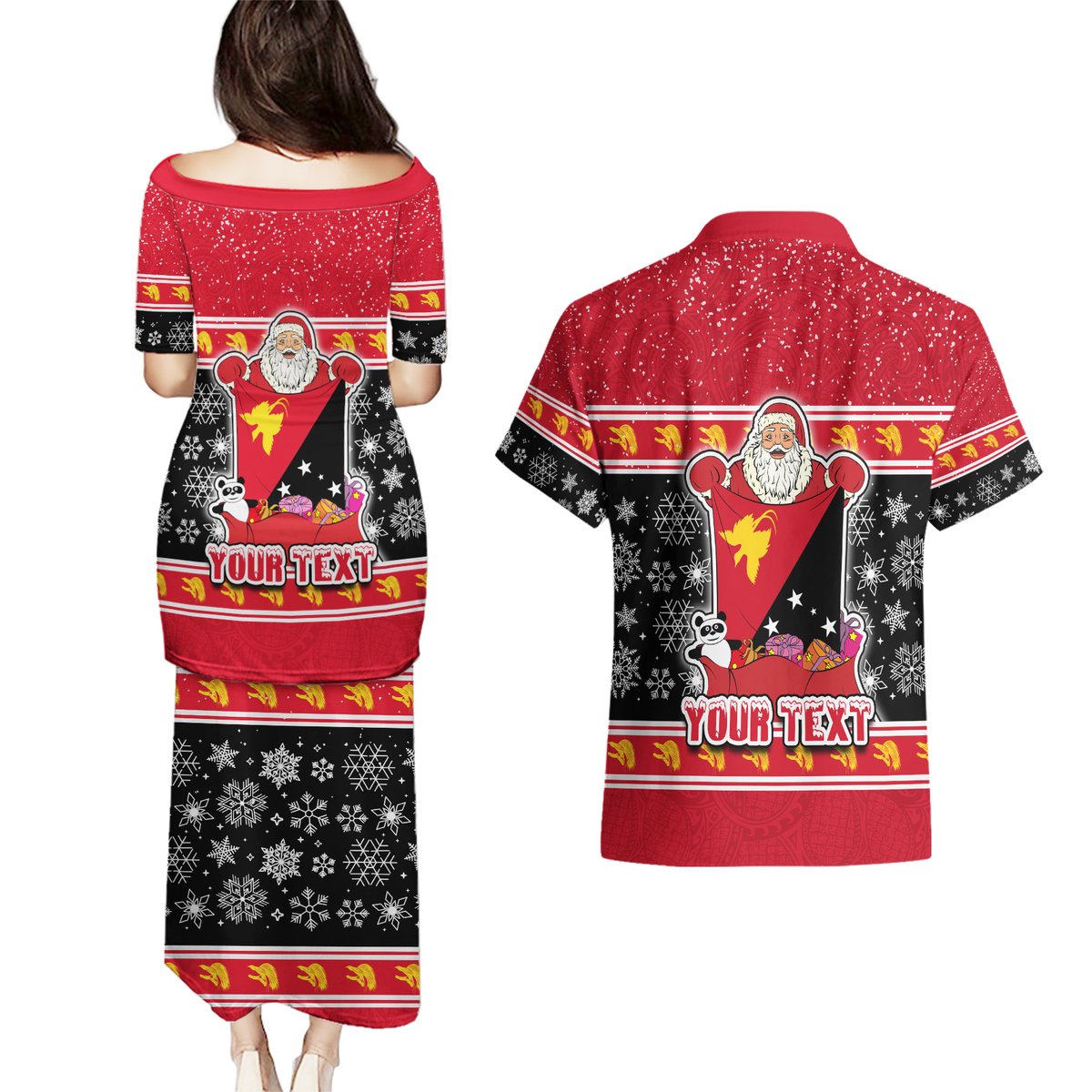 Custom Papua New Guinea Christmas Couples Matching Puletasi Dress and Hawaiian Shirt Santa With Flag Of PNG Polynesian Tribal Xmas Vibe LT03 - Polynesian Pride