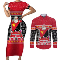 Custom Papua New Guinea Christmas Couples Matching Short Sleeve Bodycon Dress and Long Sleeve Button Shirts Santa With Flag Of PNG Polynesian Tribal Xmas Vibe LT03 Red - Polynesian Pride
