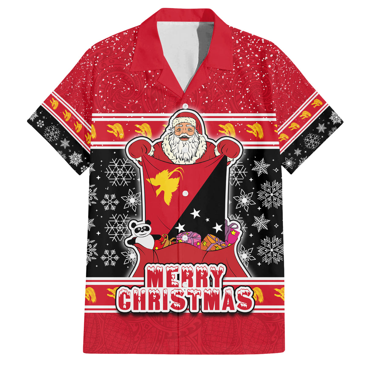 Custom Papua New Guinea Christmas Family Matching Off Shoulder Short Dress and Hawaiian Shirt Santa With Flag Of PNG Polynesian Tribal Xmas Vibe LT03 Dad's Shirt - Short Sleeve Red - Polynesian Pride