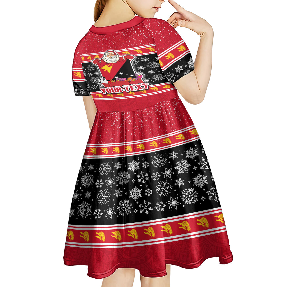 Custom Papua New Guinea Christmas Kid Short Sleeve Dress Santa With Flag Of PNG Polynesian Tribal Xmas Vibe LT03 - Polynesian Pride