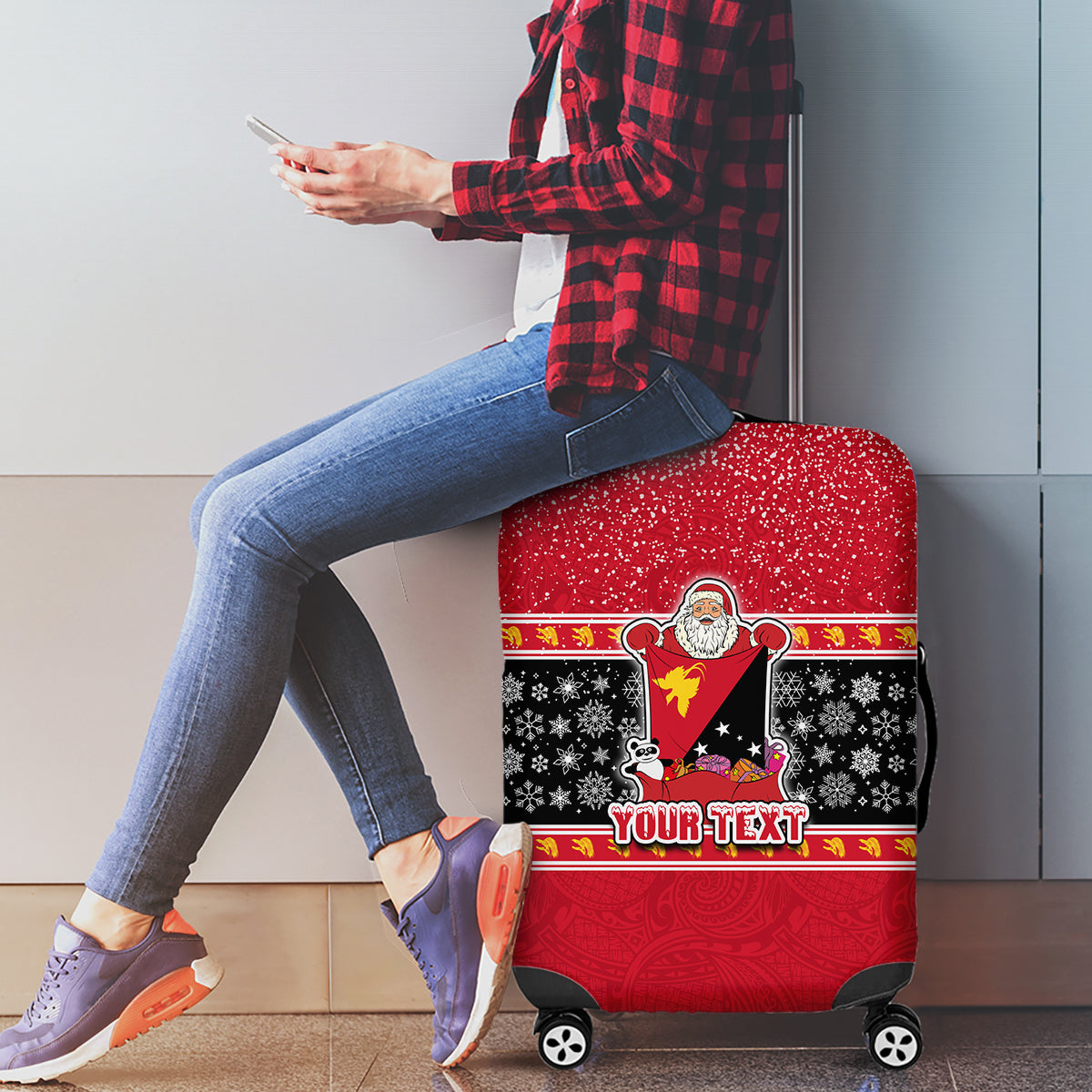 Custom Papua New Guinea Christmas Luggage Cover Santa With Flag Of PNG Polynesian Tribal Xmas Vibe LT03 - Polynesian Pride