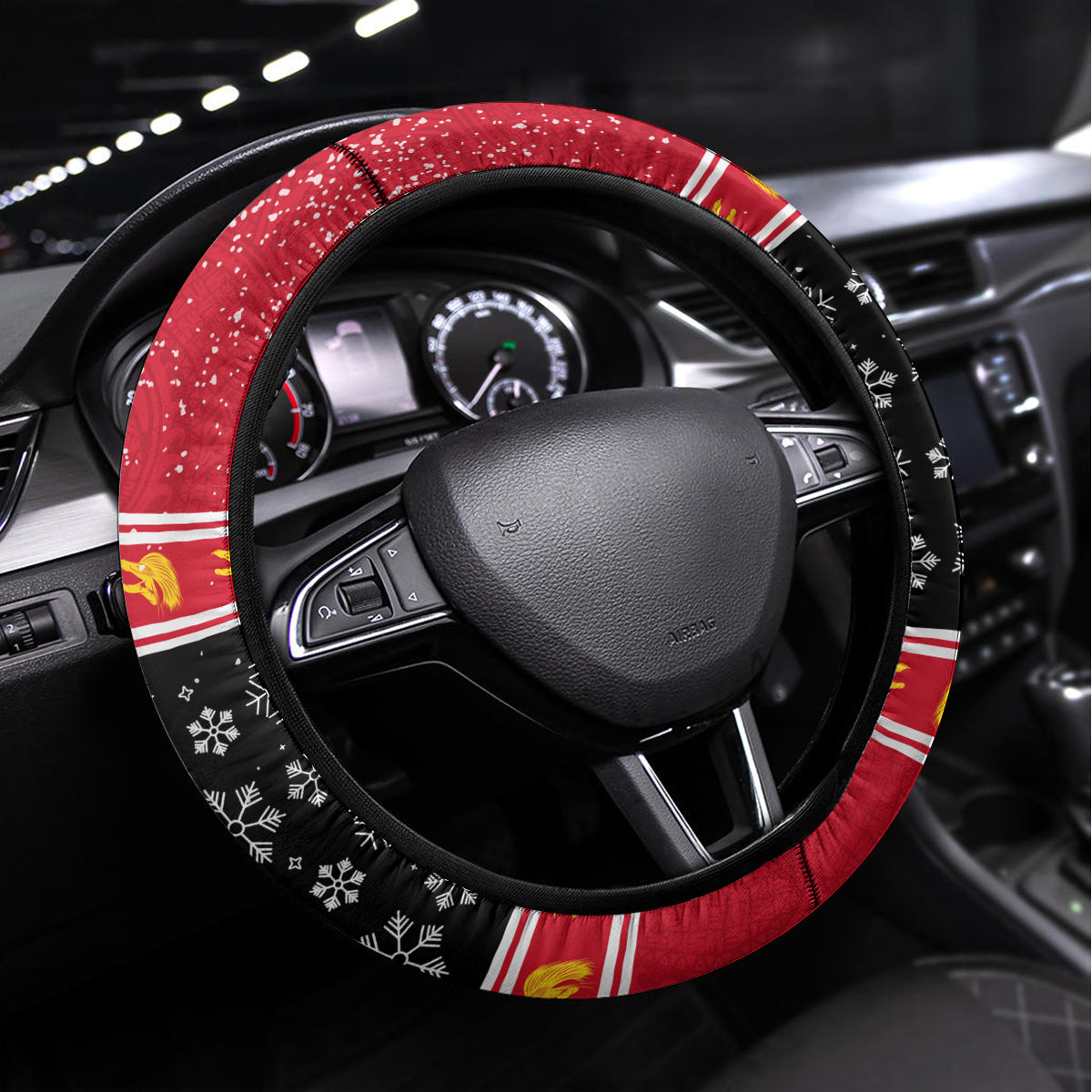 Papua New Guinea Christmas Steering Wheel Cover Santa With Flag Of PNG Polynesian Tribal Xmas Vibe LT03 Universal Fit Red - Polynesian Pride