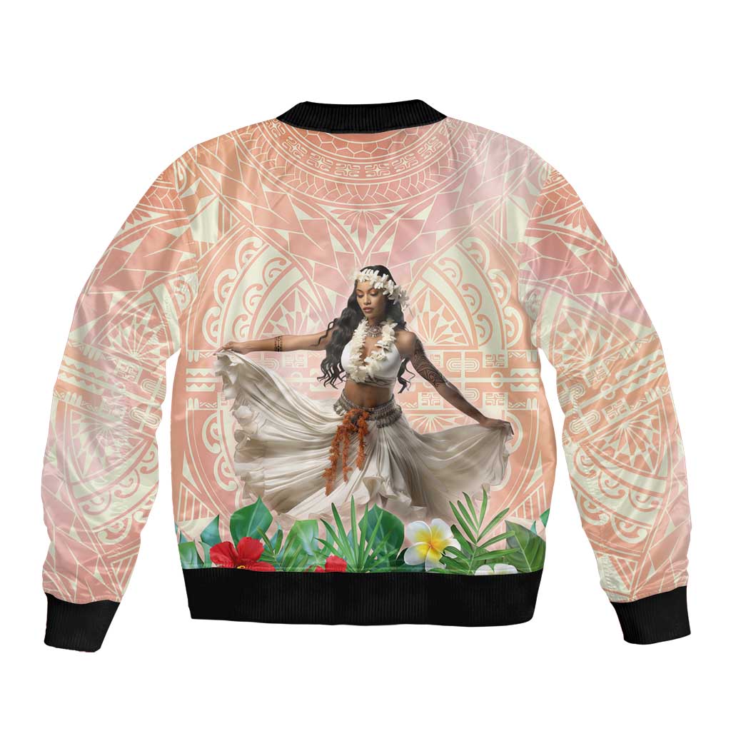 Woman Polynesian Tattoos Bomber Jacket Tropical Flower - Peach Fuzz Color