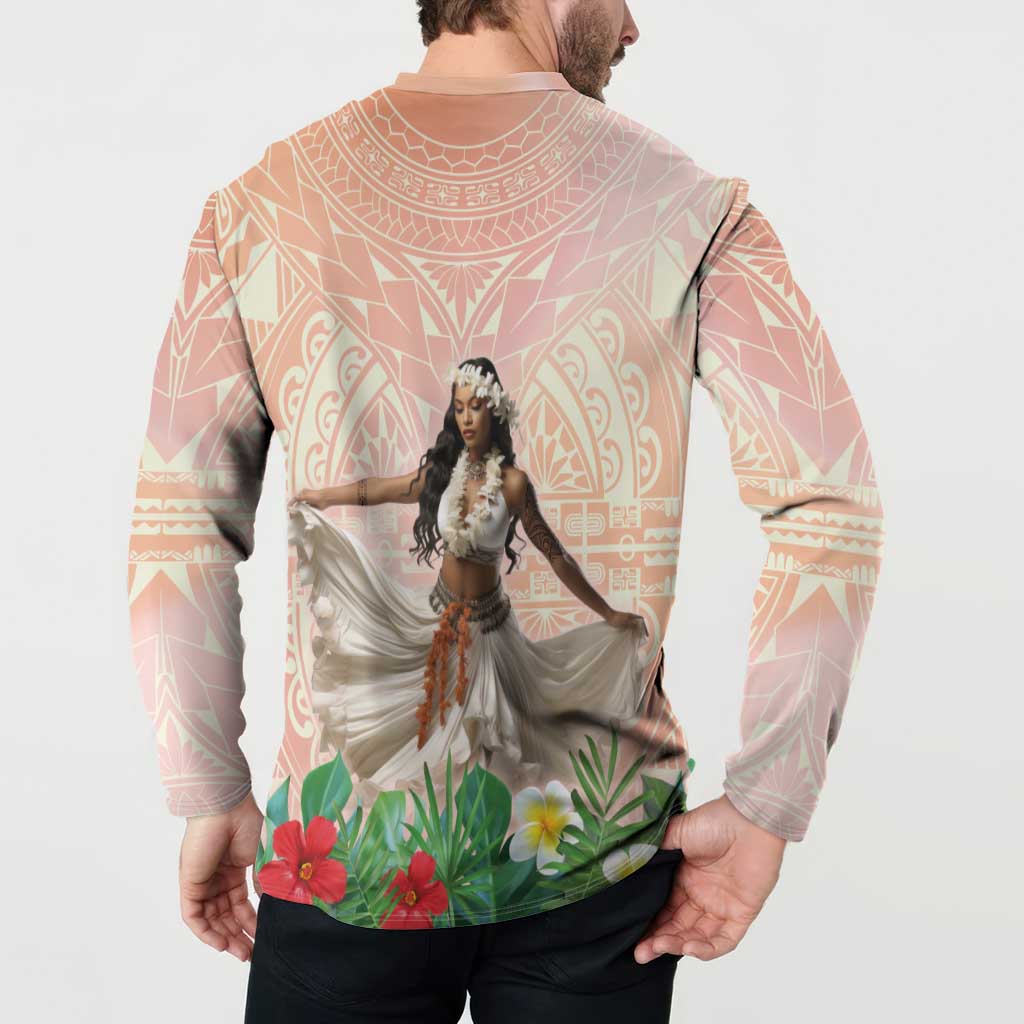 Woman Polynesian Tattoos Button Sweatshirt Tropical Flower - Peach Fuzz Color