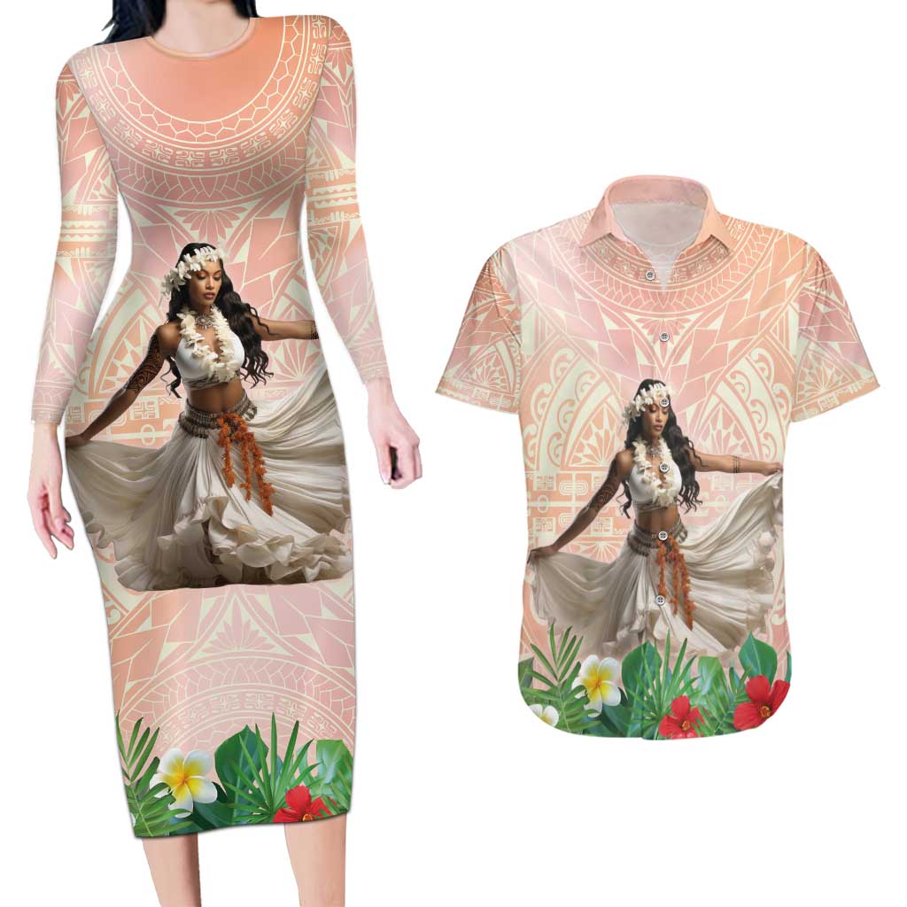 Woman Polynesian Tattoos Couples Matching Long Sleeve Bodycon Dress and Hawaiian Shirt Tropical Flower - Peach Fuzz Color LT03 Peach Fuzz - Polynesian Pride