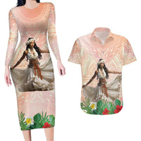 Woman Polynesian Tattoos Couples Matching Long Sleeve Bodycon Dress and Hawaiian Shirt Tropical Flower - Peach Fuzz Color LT03 Peach Fuzz - Polynesian Pride