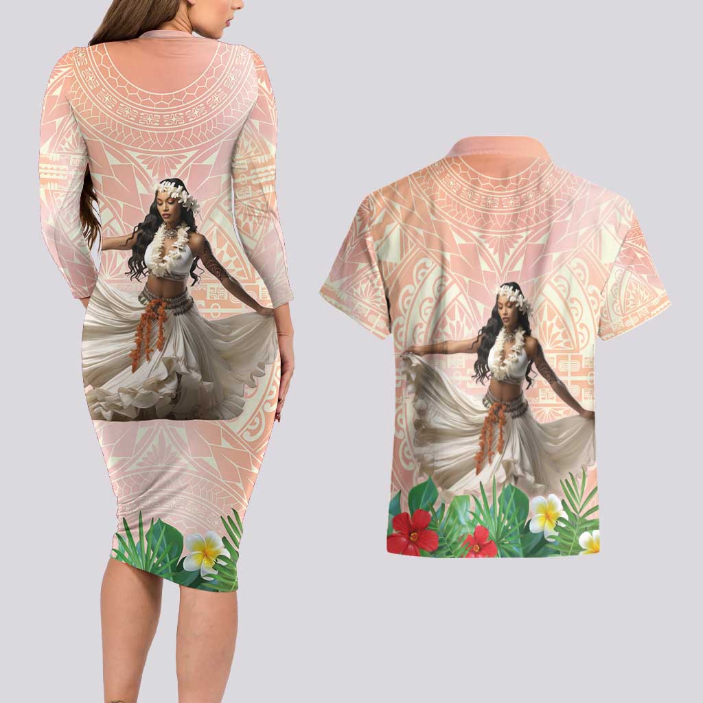 Woman Polynesian Tattoos Couples Matching Long Sleeve Bodycon Dress and Hawaiian Shirt Tropical Flower - Peach Fuzz Color LT03 - Polynesian Pride