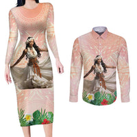Woman Polynesian Tattoos Couples Matching Long Sleeve Bodycon Dress and Long Sleeve Button Shirt Tropical Flower - Peach Fuzz Color LT03 Peach Fuzz - Polynesian Pride