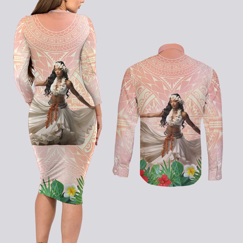 Woman Polynesian Tattoos Couples Matching Long Sleeve Bodycon Dress and Long Sleeve Button Shirt Tropical Flower - Peach Fuzz Color LT03 - Polynesian Pride