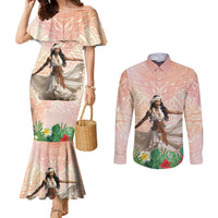 Woman Polynesian Tattoos Couples Matching Mermaid Dress and Long Sleeve Button Shirt Tropical Flower - Peach Fuzz Color LT03 Peach Fuzz - Polynesian Pride