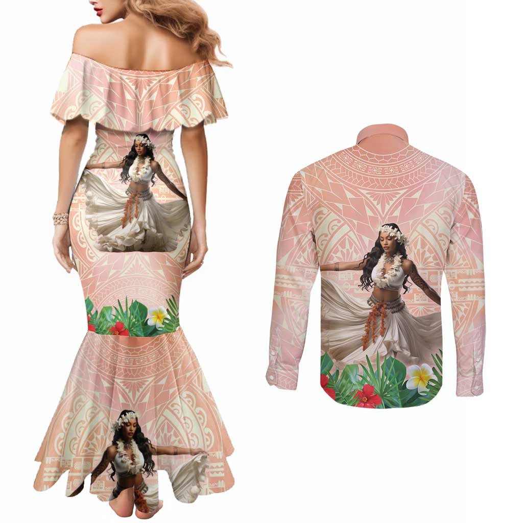 Woman Polynesian Tattoos Couples Matching Mermaid Dress and Long Sleeve Button Shirt Tropical Flower - Peach Fuzz Color LT03 - Polynesian Pride