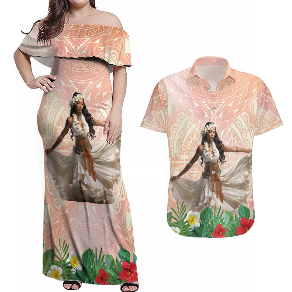 Woman Polynesian Tattoos Couples Matching Off Shoulder Maxi Dress and Hawaiian Shirt Tropical Flower - Peach Fuzz Color LT03 Peach Fuzz - Polynesian Pride