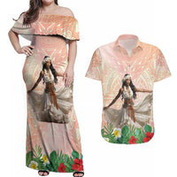 Woman Polynesian Tattoos Couples Matching Off Shoulder Maxi Dress and Hawaiian Shirt Tropical Flower - Peach Fuzz Color LT03 Peach Fuzz - Polynesian Pride