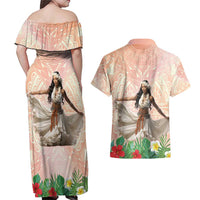Woman Polynesian Tattoos Couples Matching Off Shoulder Maxi Dress and Hawaiian Shirt Tropical Flower - Peach Fuzz Color LT03 - Polynesian Pride