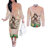 Woman Polynesian Tattoos Couples Matching Off The Shoulder Long Sleeve Dress and Long Sleeve Button Shirt Tropical Flower - Peach Fuzz Color LT03 Peach Fuzz - Polynesian Pride
