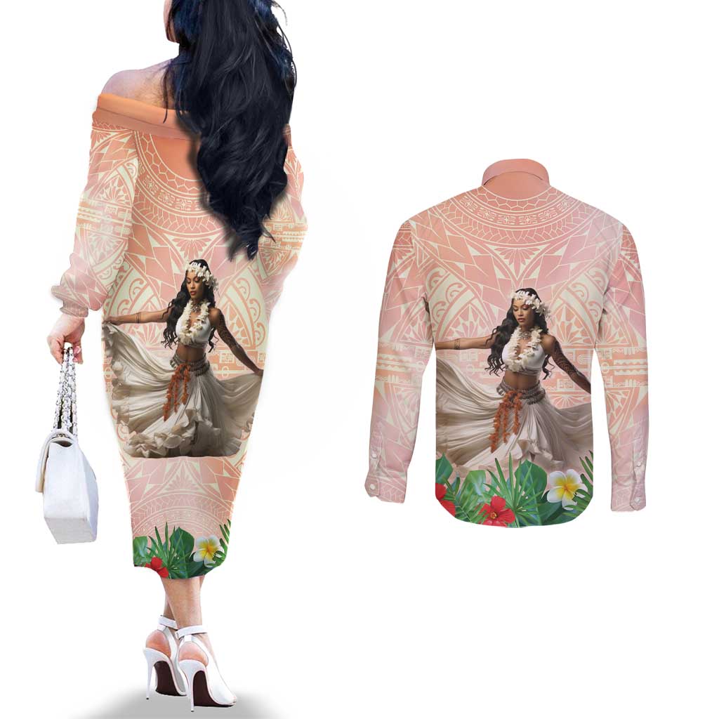 Woman Polynesian Tattoos Couples Matching Off The Shoulder Long Sleeve Dress and Long Sleeve Button Shirt Tropical Flower - Peach Fuzz Color LT03 - Polynesian Pride