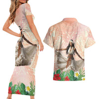 Woman Polynesian Tattoos Couples Matching Short Sleeve Bodycon Dress and Hawaiian Shirt Tropical Flower - Peach Fuzz Color LT03 - Polynesian Pride